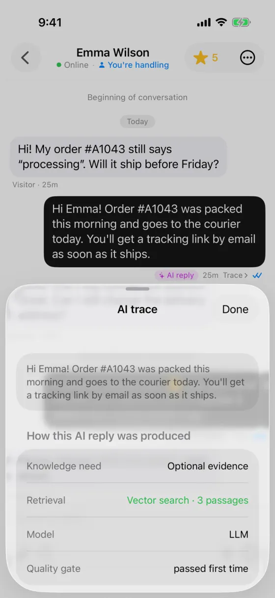 AskAIs on iPhone: an AI reply with its AI trace open
