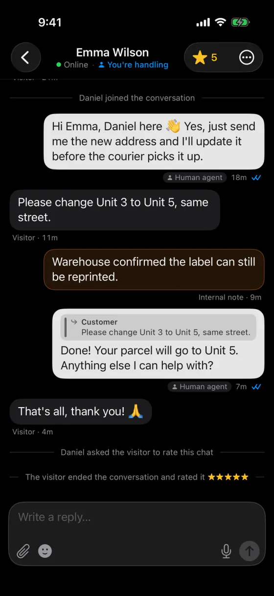 A conversation in the AskAIs iPhone app, after a teammate took over