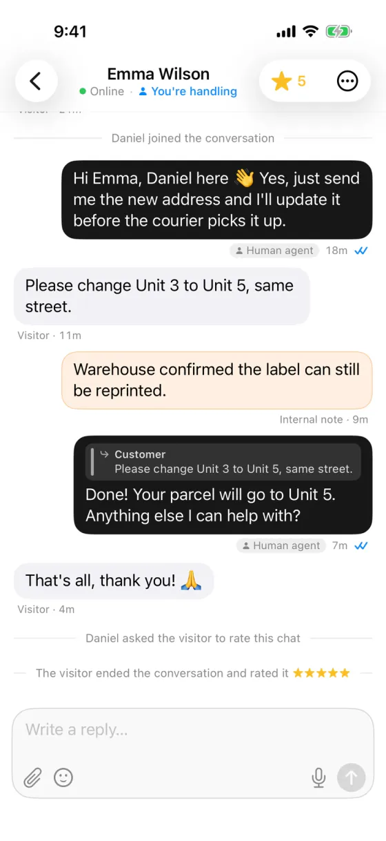 A conversation in the AskAIs iPhone app, after a teammate took over